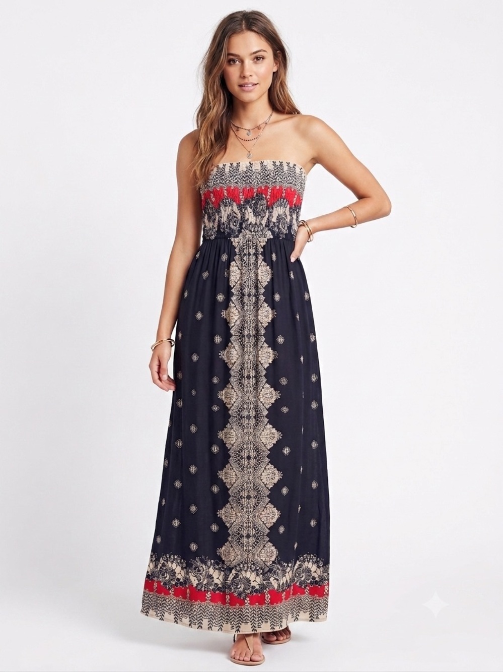 Angie Strapless Bohemian Smocked Maxi Dress